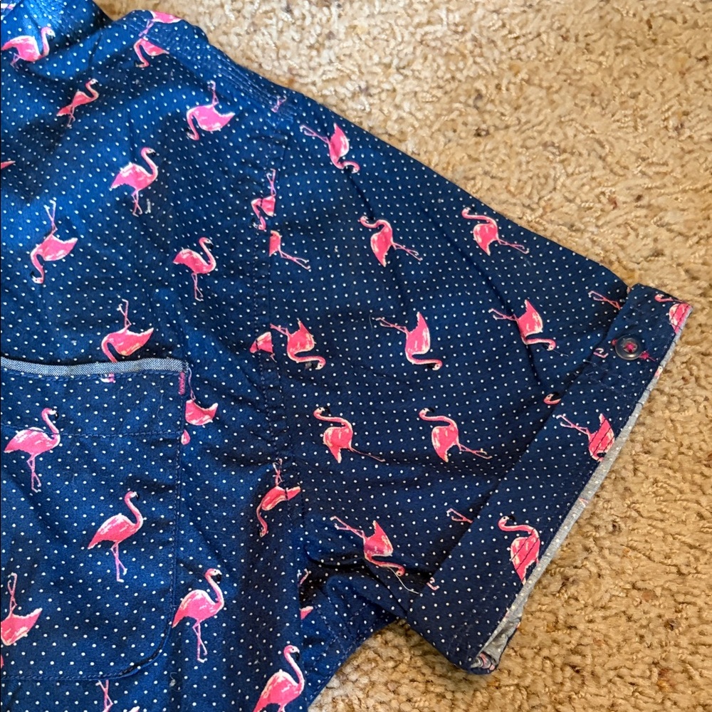 Good Vibes Slim Fit Navy Short-Sleeve Button-Down-Pink Flamingo Print Size Large - Picture 5 of 8